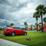Flick International Scene of a playground in Sullivan's Island, South Carolina, with vibrant equipment and a red car amidst a tense atmosphere