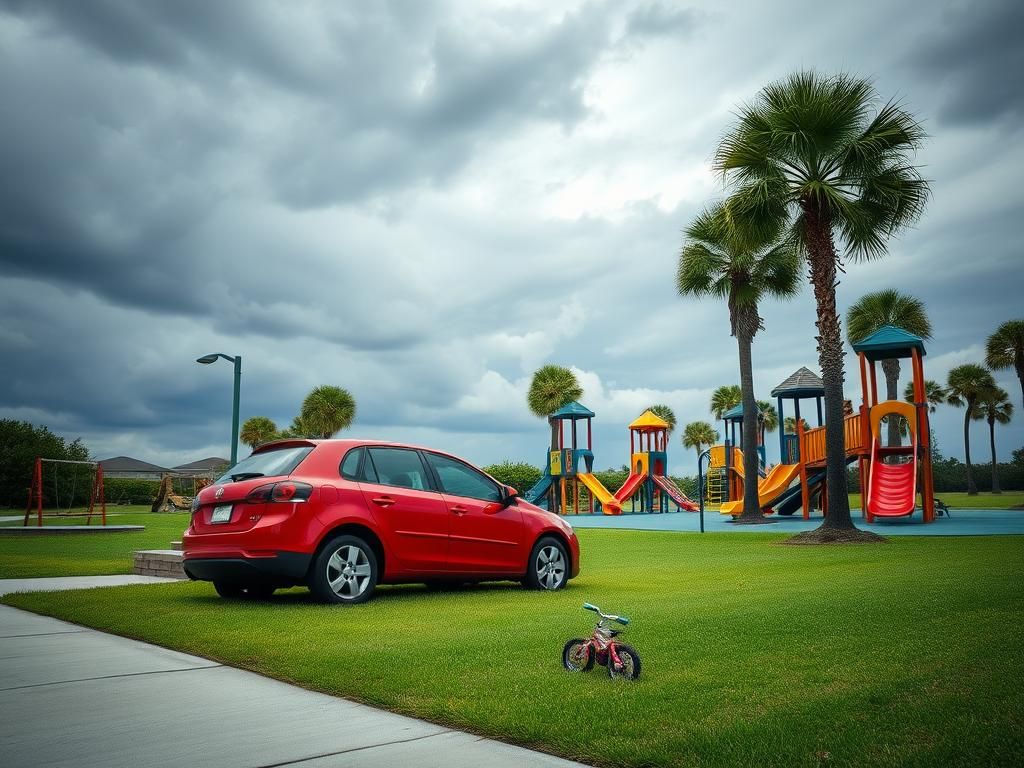 Flick International Scene of a playground in Sullivan's Island, South Carolina, with vibrant equipment and a red car amidst a tense atmosphere