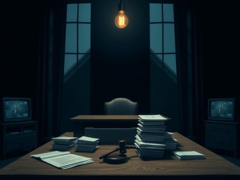 Flick International Dark courtroom scene with heavy wooden desk and legal documents
