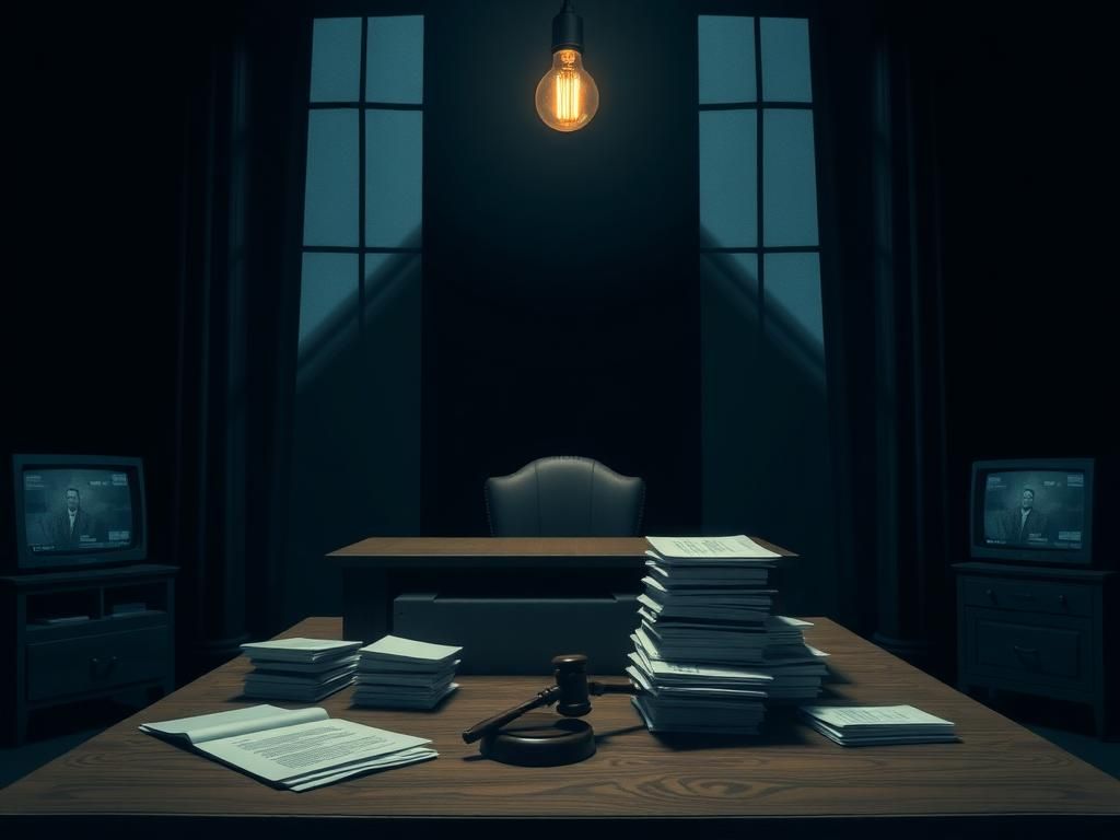 Flick International Dark courtroom scene with heavy wooden desk and legal documents