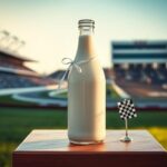 Flick International Close-up of a glass bottle of fresh buttermilk on a wooden podium celebrating Indianapolis 500 victory