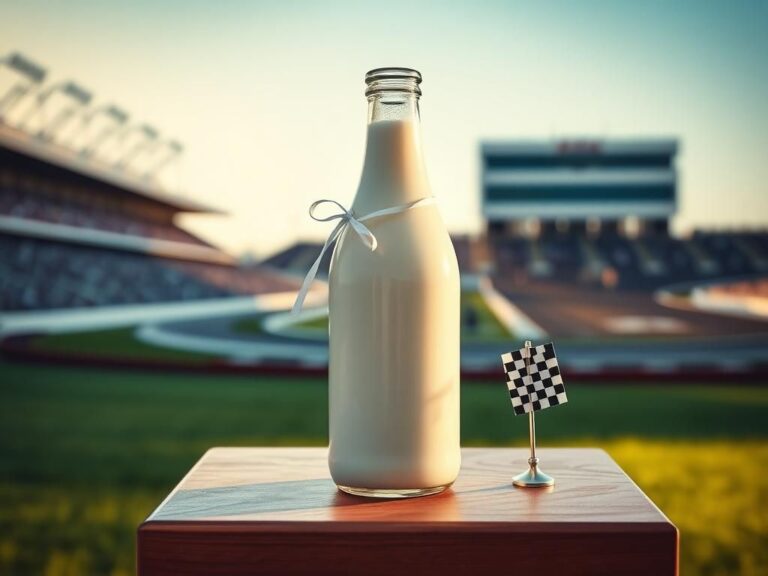Flick International Close-up of a glass bottle of fresh buttermilk on a wooden podium celebrating Indianapolis 500 victory