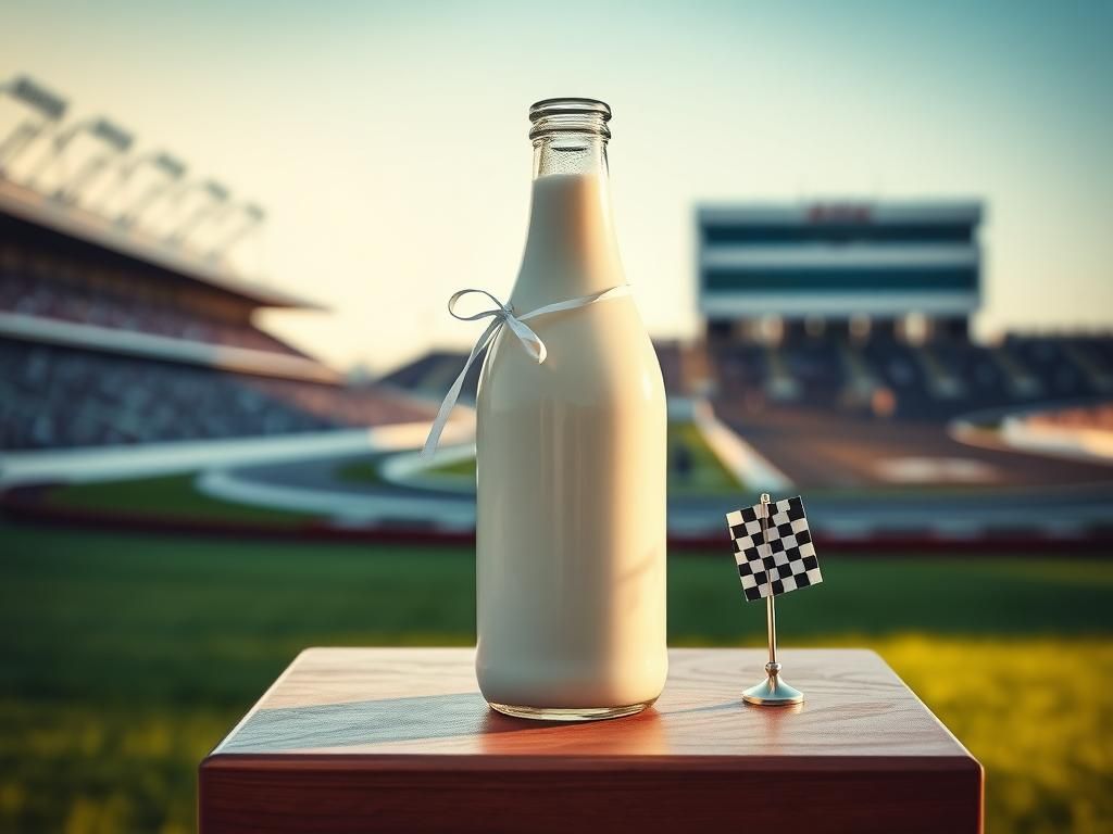Flick International Close-up of a glass bottle of fresh buttermilk on a wooden podium celebrating Indianapolis 500 victory