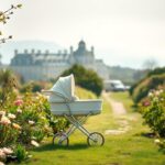 Flick International baby stroller in a tranquil garden symbolizing motherhood and dreams