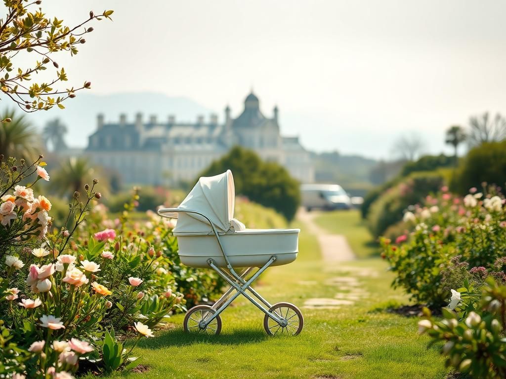Flick International baby stroller in a tranquil garden symbolizing motherhood and dreams