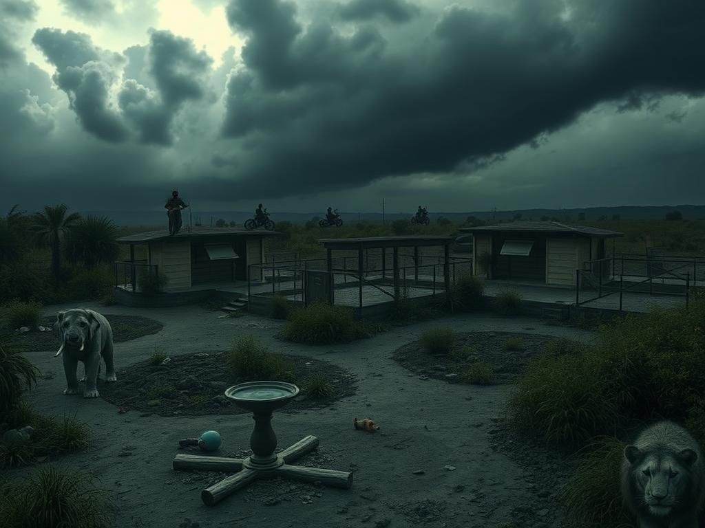 Flick International Empty enclosures at a wildlife sanctuary reflecting abandonment amidst chaos