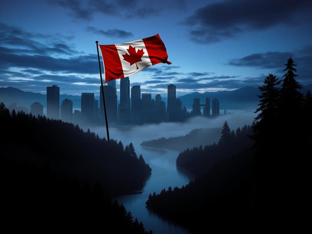 Flick International A dramatic cityscape of Vancouver at dusk with silhouetted skyscrapers and a winding river representing smuggling routes