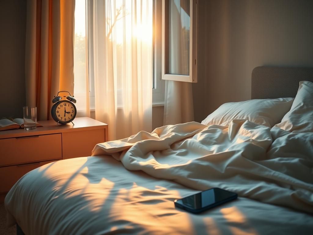 Flick International A serene bedroom scene at dawn with an alarm clock showing 7:00 AM