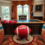 Flick International Close-up view of the Oval Office desk featuring a prominent red button during a visit by Alabama football players