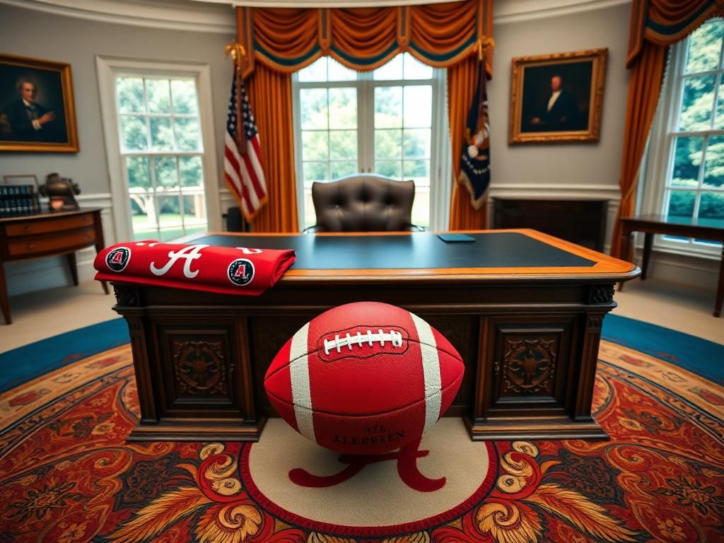 Flick International Close-up view of the Oval Office desk featuring a prominent red button during a visit by Alabama football players