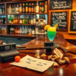 Flick International A vintage bar scene featuring playful props and colorful bottles, reminiscent of the 1980s.