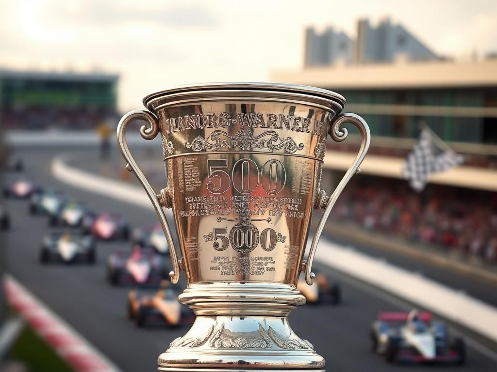 Flick International Close-up of the Borg-Warner Trophy highlighting intricate engravings and shiny silver surface