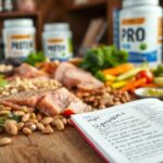 Flick International Close-up of a rustic wooden table filled with high-protein foods including lean meats, nuts, legumes, and colorful vegetables.