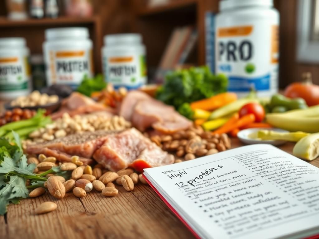 Flick International Close-up of a rustic wooden table filled with high-protein foods including lean meats, nuts, legumes, and colorful vegetables.