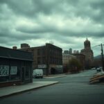 Flick International Desolate urban landscape of a major blue state city with empty streets and abandoned buildings.