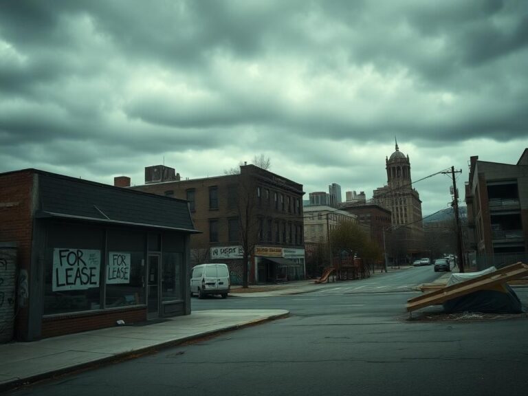 Flick International Desolate urban landscape of a major blue state city with empty streets and abandoned buildings.