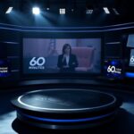 Flick International Dramatic television studio set with news desk and monitors featuring '60 Minutes' logos