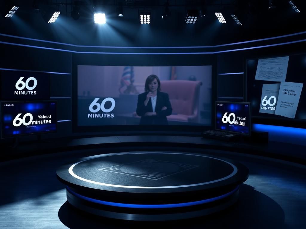 Flick International Dramatic television studio set with news desk and monitors featuring '60 Minutes' logos