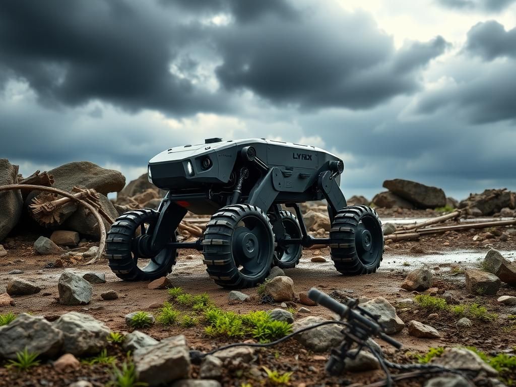 Flick International Rugged Lynx M20 robot dog navigating rocky terrain