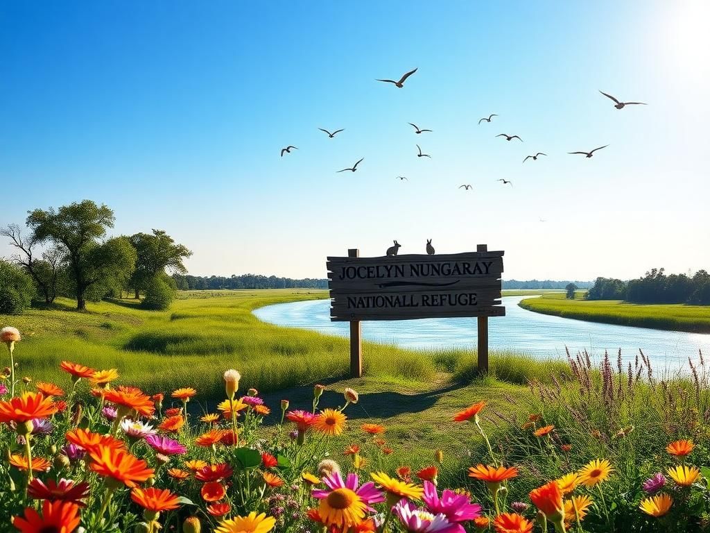 Flick International Tranquil landscape of Jocelyn Nungaray National Wildlife Refuge with vibrant wildflowers and a calm bayou