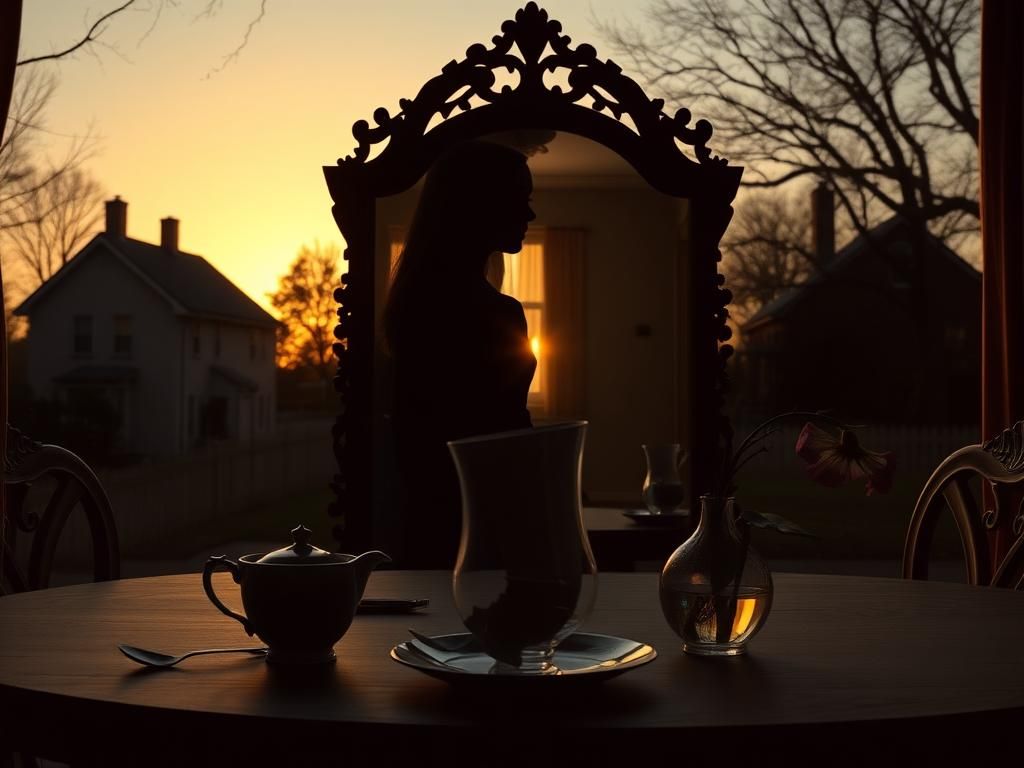 Flick International Shadowy silhouette of a quaint suburban home at sunset, symbolizing secrecy and dual lives of modern Mormon women