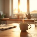 Flick International A tranquil kitchen scene featuring a steaming cup of coffee on a wooden table with a glowing sunrise in the background.