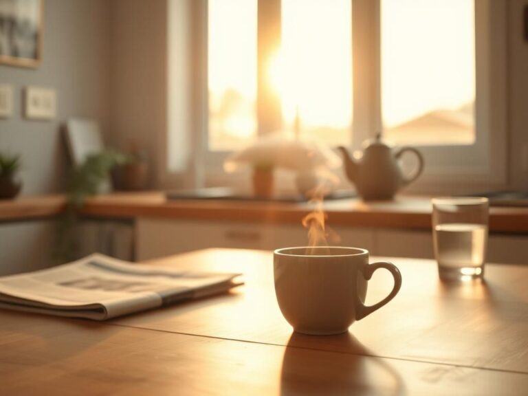 Flick International A tranquil kitchen scene featuring a steaming cup of coffee on a wooden table with a glowing sunrise in the background.
