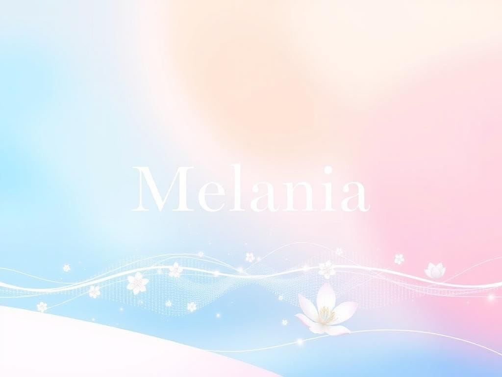 Flick International An abstract representation of an audiobook cover featuring the title 'Melania, the Audiobook' in elegant typography with soft pastel colors and soundwave patterns.