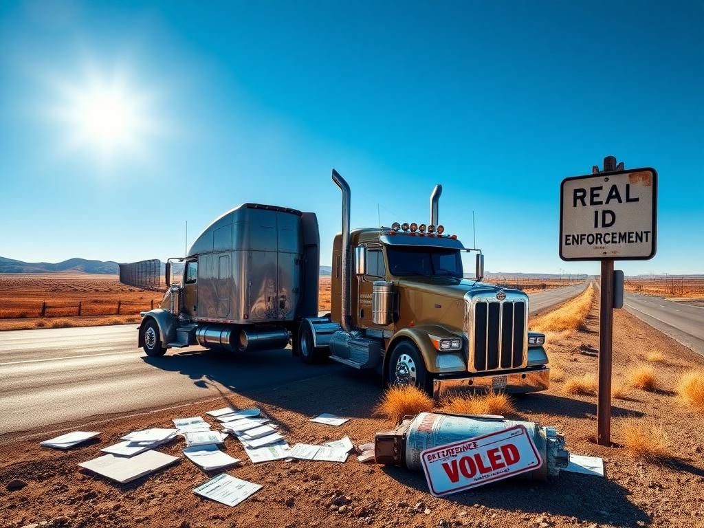 Flick International A semi-truck parked by a signpost about REAL ID Enforcement on an open highway
