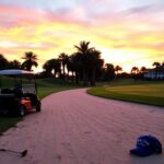 Flick International A serene golf course at dusk with a parked golf cart and palm trees