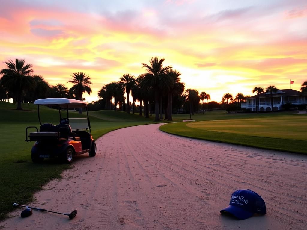 Flick International A serene golf course at dusk with a parked golf cart and palm trees