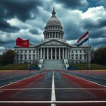 Flick International Tense atmosphere of the Illinois state capitol with a focus on a faded track and field scene, representing the debate on trans athletes in girls' sports.