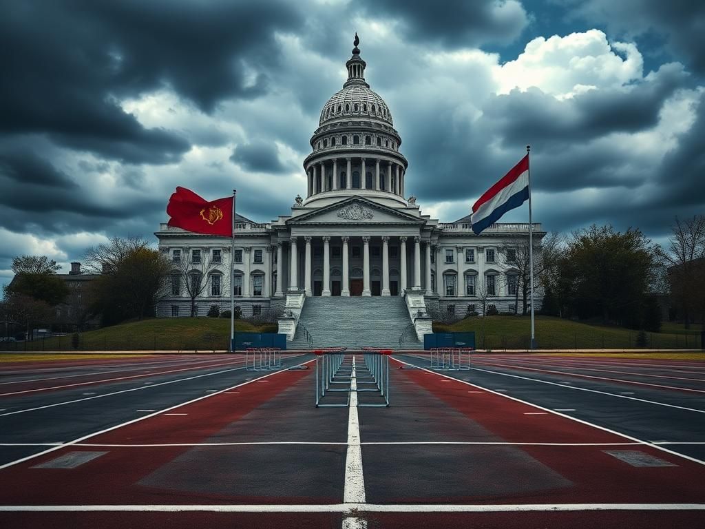 Flick International Tense atmosphere of the Illinois state capitol with a focus on a faded track and field scene, representing the debate on trans athletes in girls' sports.