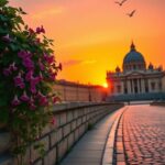 Flick International A serene sunrise over St. Peter's Basilica with blooming morning glory vines
