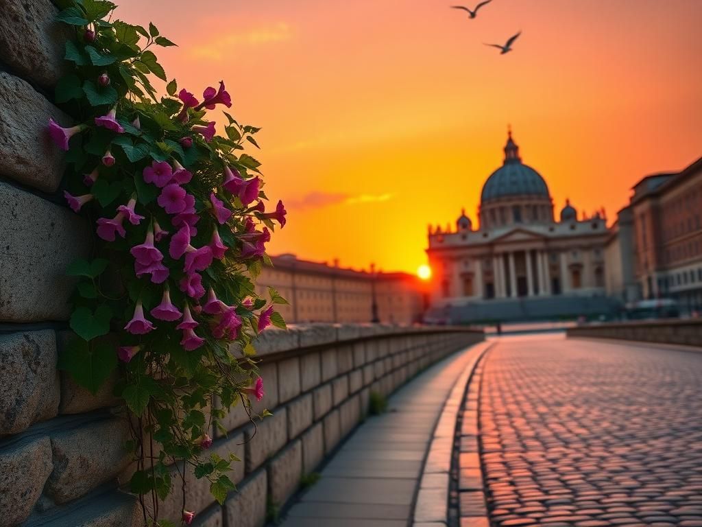 Flick International A serene sunrise over St. Peter's Basilica with blooming morning glory vines