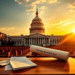 Flick International A scenic view of the U.S. Capitol building at dawn with the House chamber in the foreground and legislative papers on the podium.