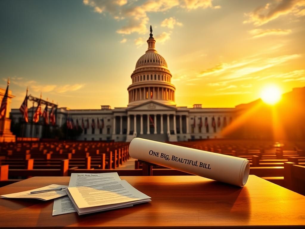 Flick International A scenic view of the U.S. Capitol building at dawn with the House chamber in the foreground and legislative papers on the podium.