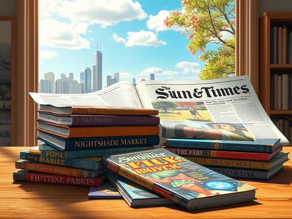 Flick International A colorful stack of fictional books with imaginative covers scattered on a wooden table amidst a dreamy landscape.
