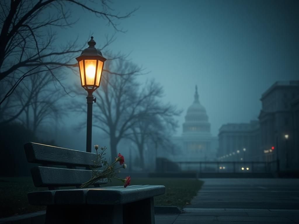 Flick International Somber urban landscape in Washington, D.C. with flickering streetlamp and wilted flowers