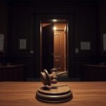 Flick International solemn courtroom setting with a large wooden bench and gavel symbolizing justice