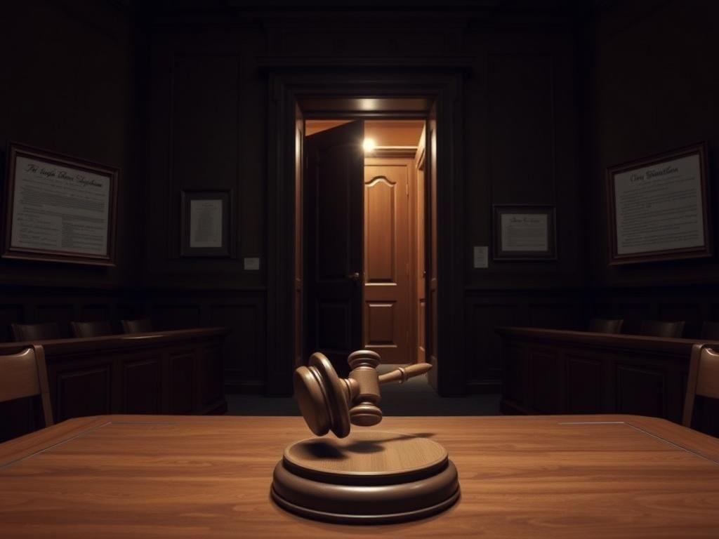 Flick International solemn courtroom setting with a large wooden bench and gavel symbolizing justice