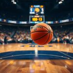 Flick International Dynamic basketball scene featuring iconic Indiana Pacers colors during a night game
