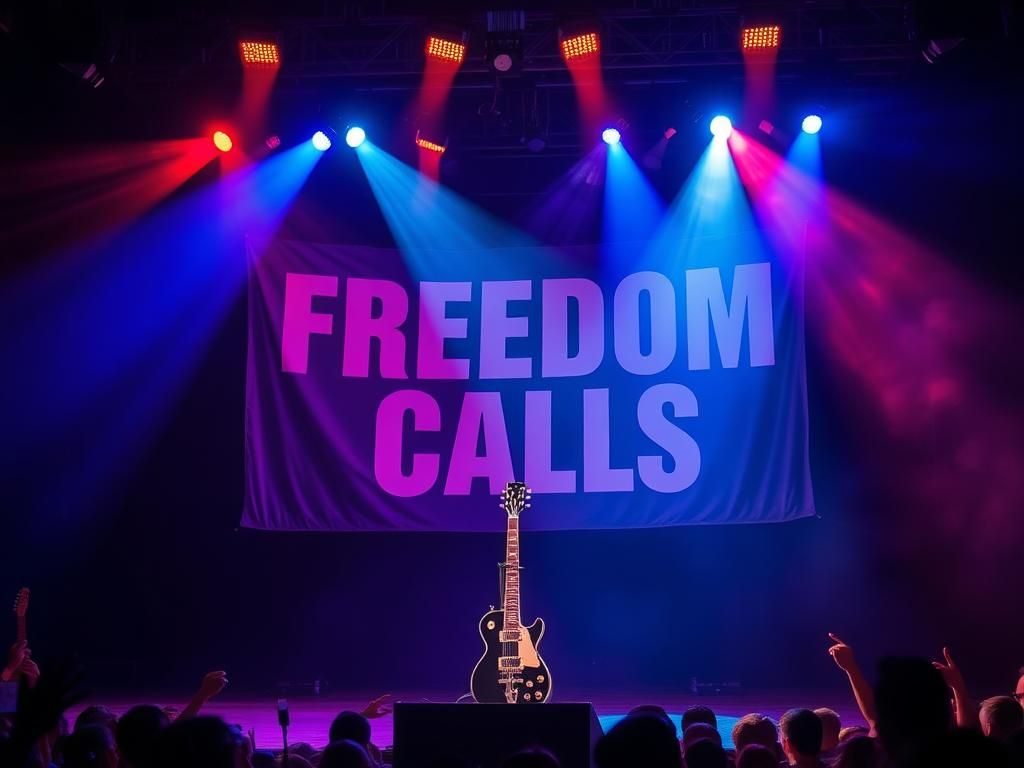 Flick International Moody concert stage illuminated by colorful spotlights with electric guitar and microphone stand