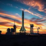 Flick International A towering LGM-30G Minuteman III intercontinental ballistic missile on a launch pad against a twilight sky