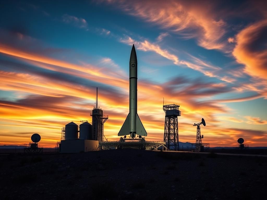 Flick International A towering LGM-30G Minuteman III intercontinental ballistic missile on a launch pad against a twilight sky