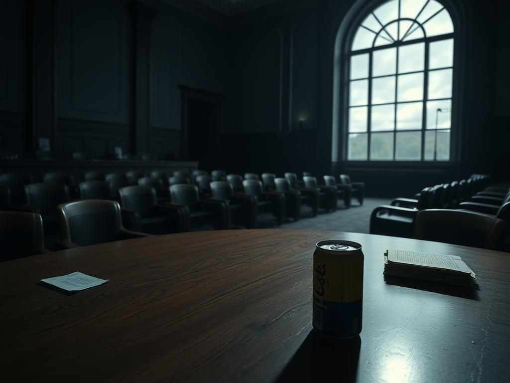 Flick International Empty Senate chamber with solitary soda can symbolizing solitude