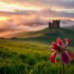 Flick International Serene Irish landscape at sunset with ancient castle and wilting flower