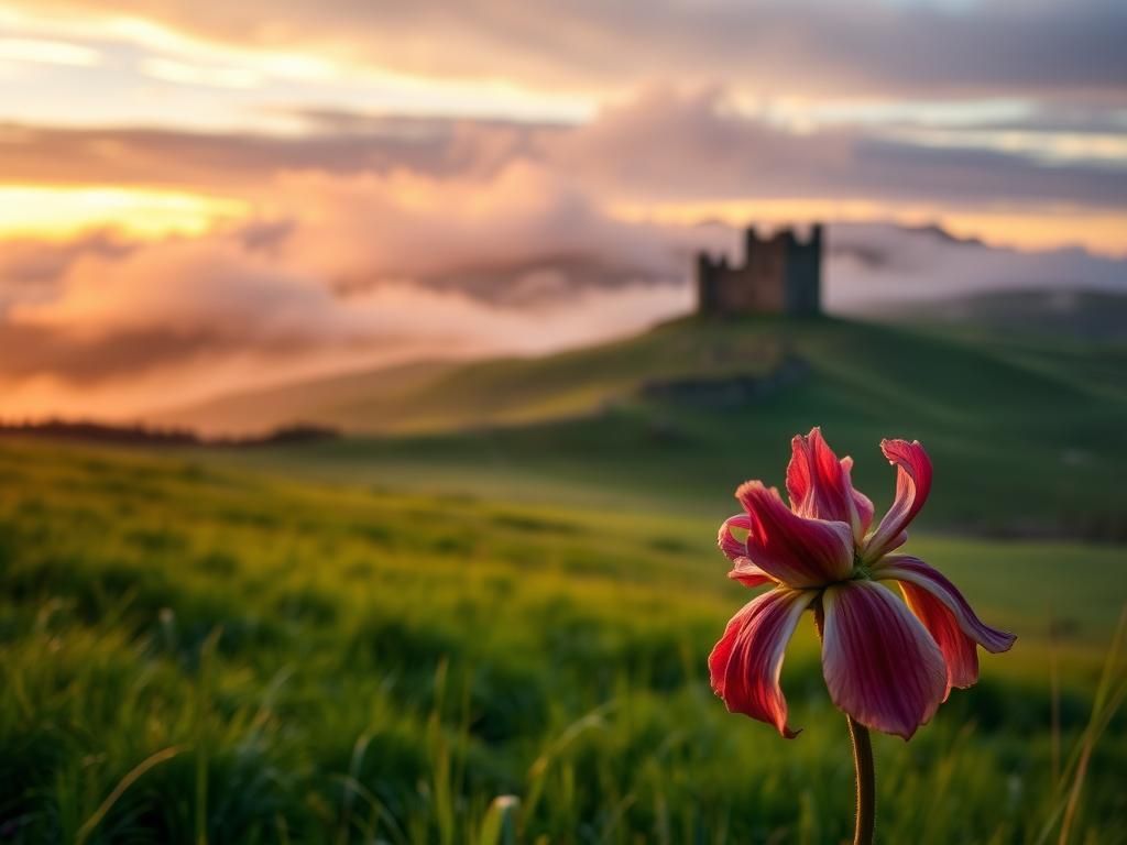 Flick International Serene Irish landscape at sunset with ancient castle and wilting flower