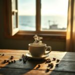 Flick International Steaming cup of coffee on a rustic wooden table with coffee beans