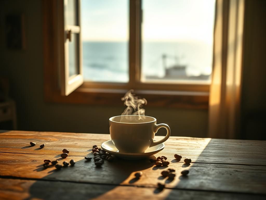 Flick International Steaming cup of coffee on a rustic wooden table with coffee beans